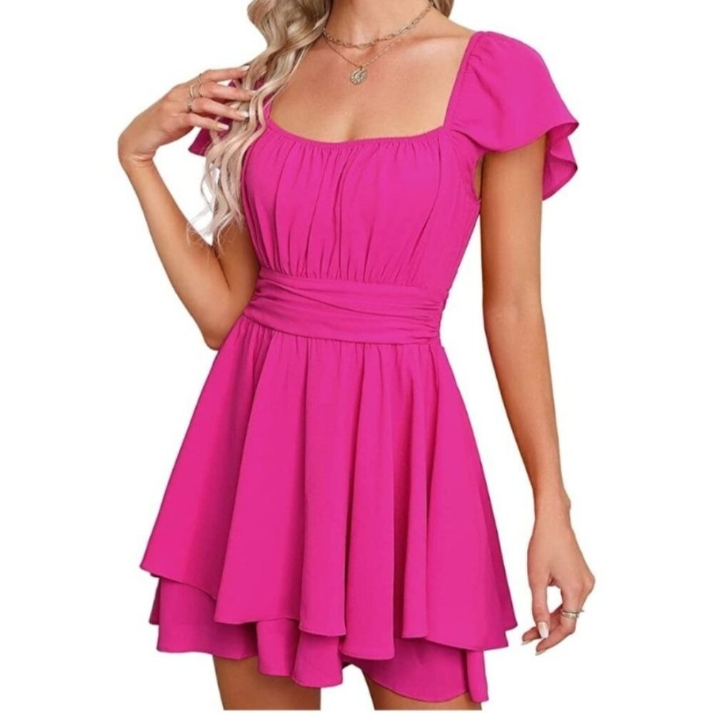 Exlura Fairy Flowy Pink Romper Smocked Waist & Flutter Sleeves Size Large